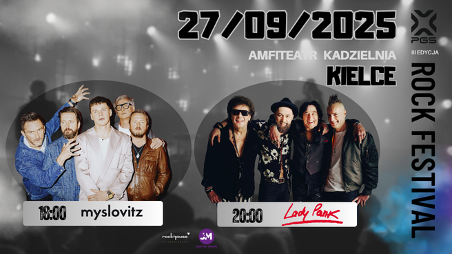 Grafika. Plakat III edycji Rock Festival. 27 września, Amfiteatr Kadzielnia. godz. 18 - Myslovitz, godz. 20 - Lady Pank.