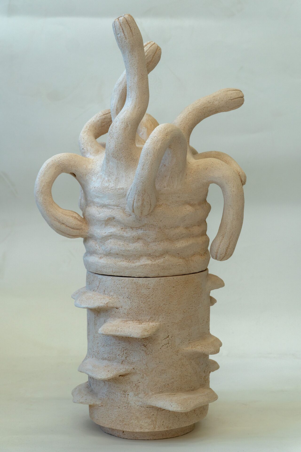Zdjęcie. Ceramiczna forma o owalnym kształcie z wypustkami wyglądającymi jak pędy roślin na czubku.