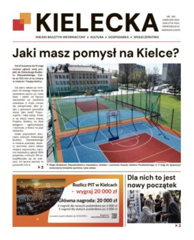 Grafika. Piersza strona biuletynu Kielecka nr 100. Zmieniona winieta: czarny duży napis Kielecka, po lewej stronie dwa nachodzące na siebie kwadraty: dolny czerwony, górny żółty. Tekst głowny: Jaki masz pomysł na Kielce z dużym zdjęciem przyszkolnego boiska. Poniżej grafika informująca o loterii. Rozlicz PIT w Kielcach, wygraj 20 tys. złotych. Tekst mały: Dla nich to nowy początek ze zdjęciem kobiety wręczającej drugiej kobiecie klucze.