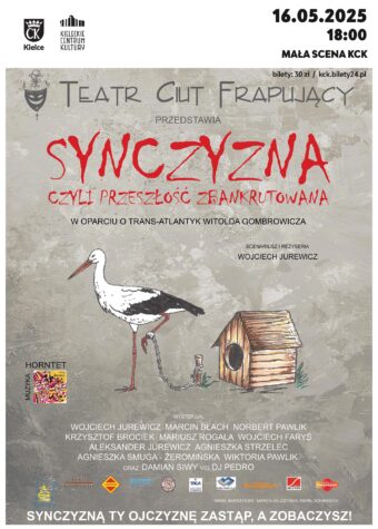 Grafika. Plakat spektaklu teatralnego Synczyzna, czyli przeszłość zbankrutowana w oparciu o "Trans-Atlantyk" Gombrowicza. Na szarym tle bocian uwiązany łańcuchem przy budzie. W prawym górnym rogu data: 16 maja, godz. 18. Mała Scena KCK.