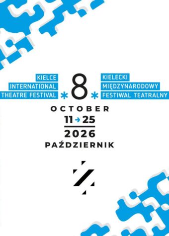 Grafika. Plakat 8. Międzynarodowego Festiwalu Teatralnego. Na białym tle w prawym górnym i lewym dolnym rogu jasnoniebieskie desenie przypominające wycinankę. W centralnej części duża czarna ósemka. Po obu stronach ósemki niebieskie paski z białymi literami. To nazwa festiwalu w języku polskim i angielskim. Poniżej data: 11-25 października.
