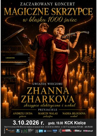 Grafika. Plakat koncertu. Magiczne skrzypce w blasku 1000 świec. 3 października godz. 19. KCK Kielce.